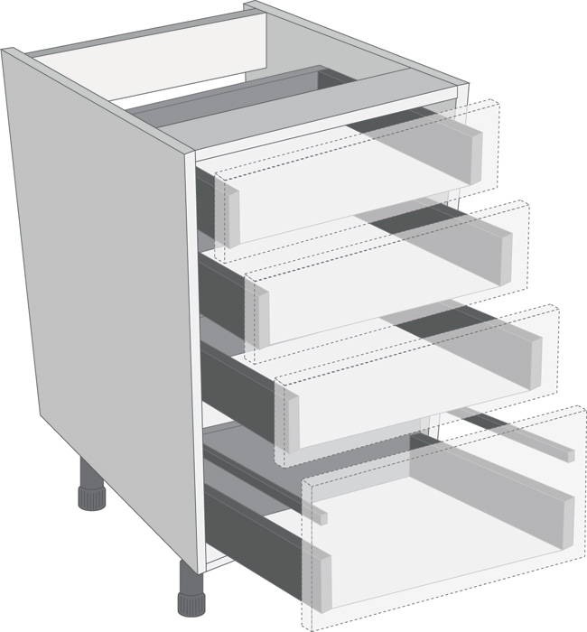 Antaro Metallic Grey 600mm Cabinet Pack, 3 Cutlery &amp; 1 Pan Drawer