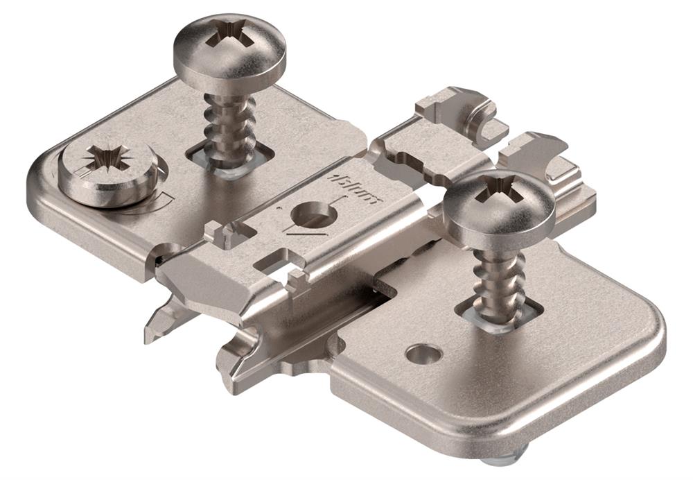 Blum 0mm cruciform cam mounting plate with split dowels and screws
